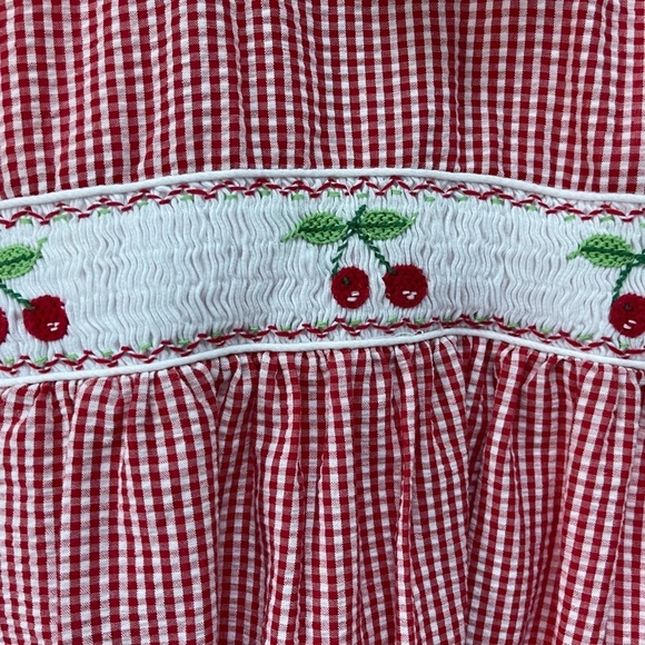 Beautiful Smocked Red and White Gingham Classic Dress with Cherries - Picture 3 of 6